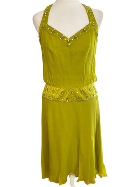 Laundry By Shelli Segal Silk Olive Green Beaded Halter Midi Dress size 4